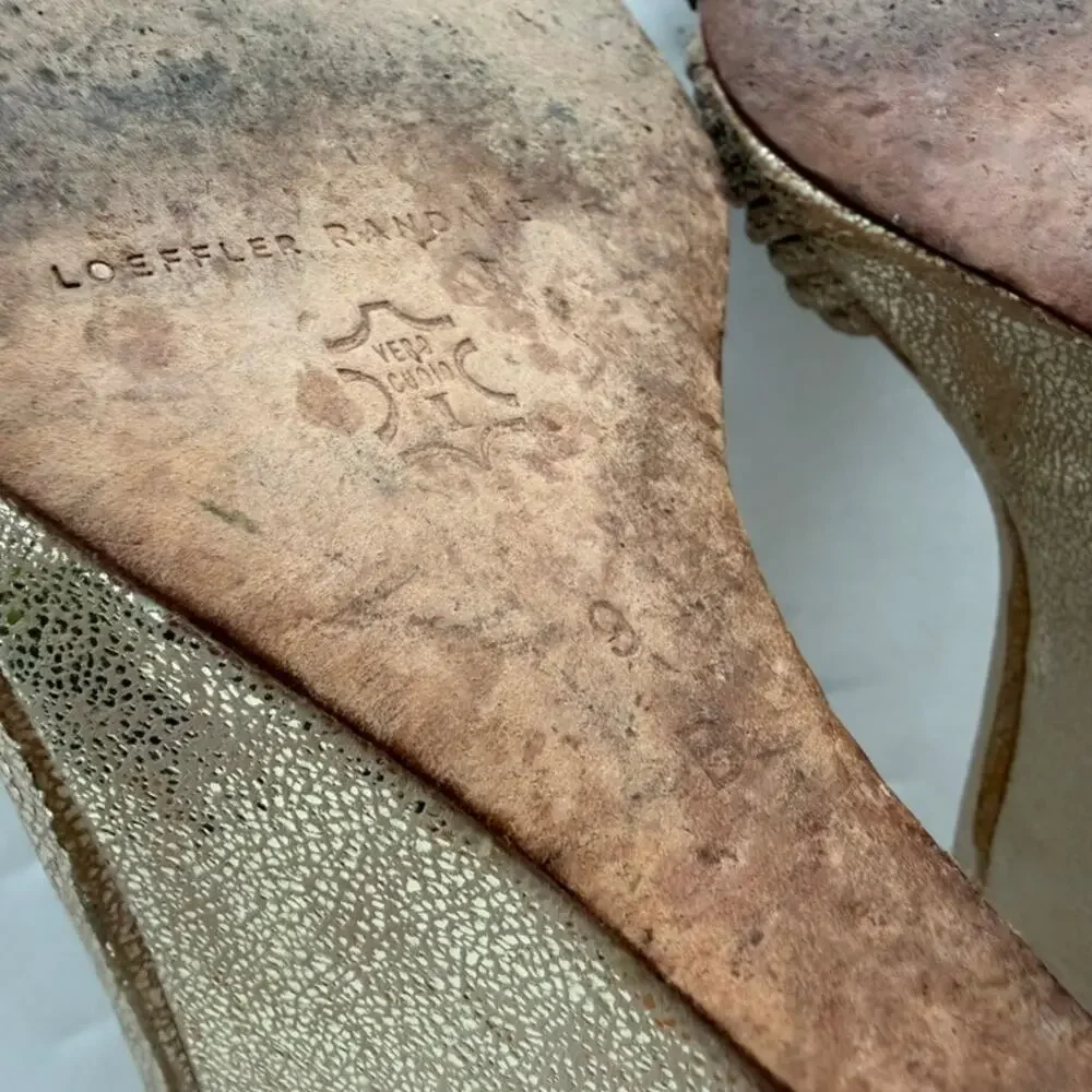 Loefller Randall Allegra Wedge Heels Sandals Gold Size 9 Open Toe Ankle Strap